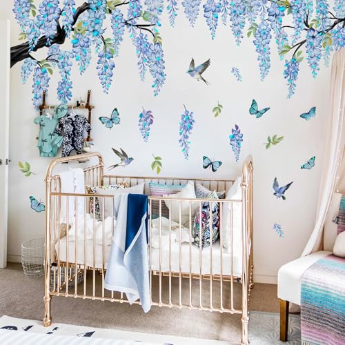 Blue Cherry Blossom Tree Wall Decals Bling Bling Glitter Flower Wall Stickers Peel and Stick Decor for Kids Bedroom Living Room (Blue Bling) by Lilacanthara - Used condition - Image 2
