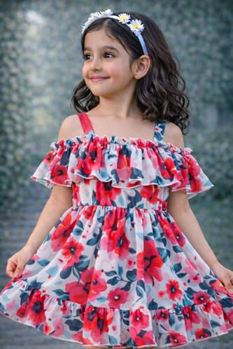 Image of Buy & Try Girls Summer Lightweight Georgette Floral Printed Frock Dress, Sleeveless Princess for Baby Girls, Stylish Fancy Kids Party & Casual Outfit