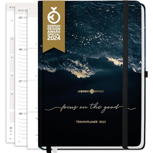 Lebenskompass Kalender 2025 Buchkalender A5 WAVE - Schöner Wochenplaner 2025 & Terminkalender 2025 - stabiles Hardcover mit edler Folienprägung
