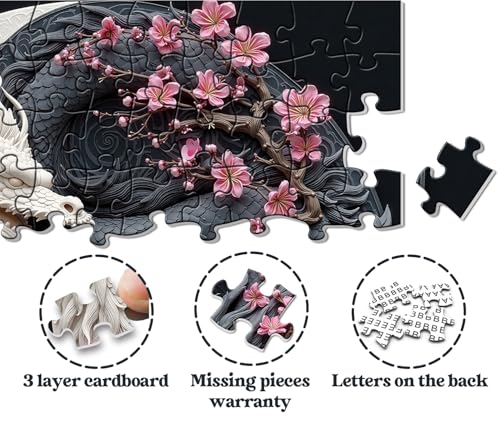 Yin Yang Dragon Puzzles para adultos 1000 piezas, dragones duales blanco y negro con flores de cerezo, rompecabezas floral animal fantasía miniatura 5
