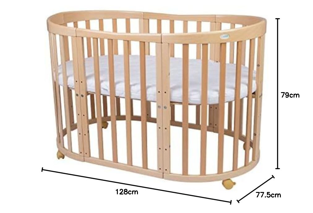 Waldin Lettino Mobile 7in1 Ovale Materasso Culla Espandibile Ventilato Base Regolabile 5 Posizioni Legno Naturale