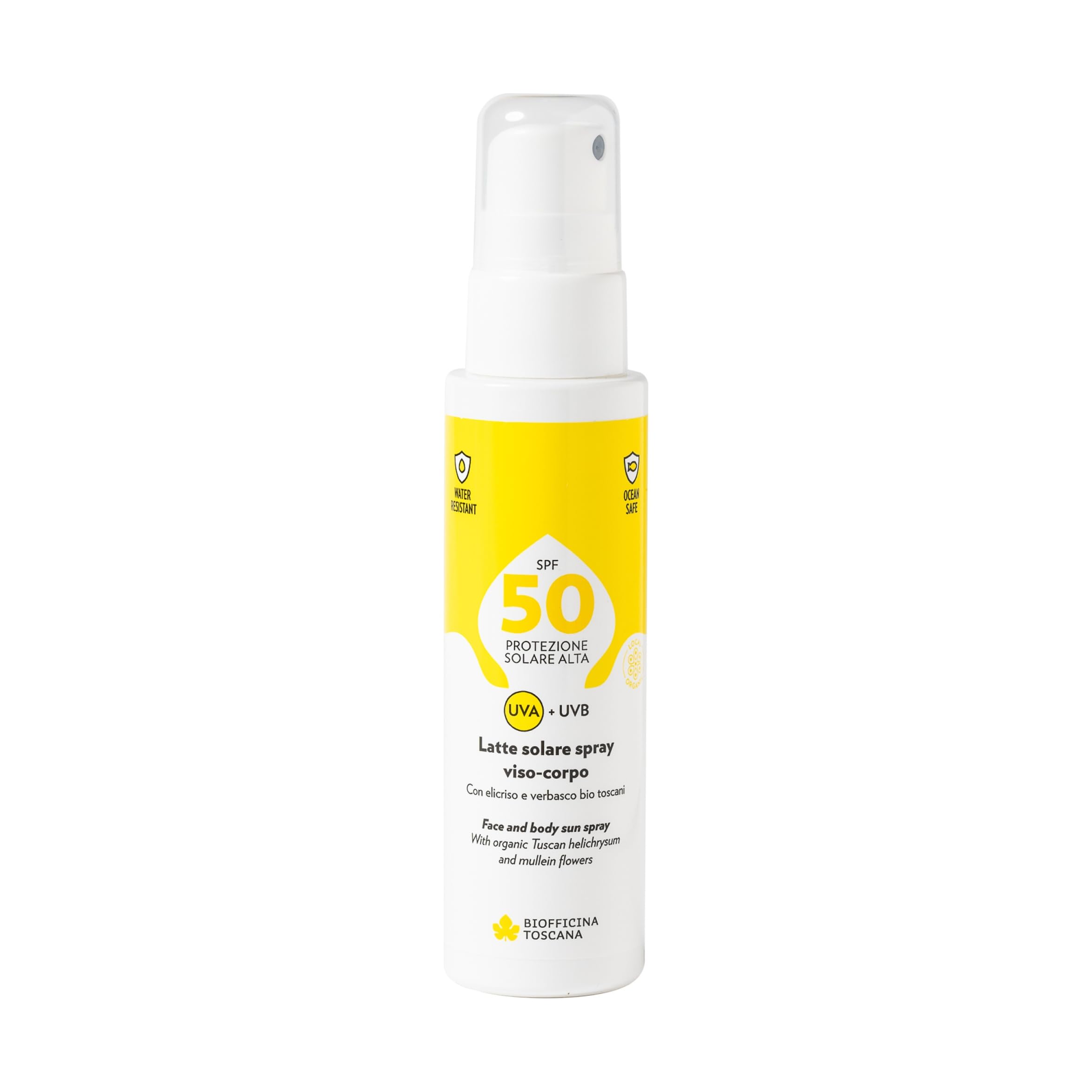 Biofficina Toscana Latte solare spray viso-​corpo SPF50, 100 ml – Protezione solare molto alta reef-​safe – Con elicriso e verbasco bio toscani, azione emolliente e antiossidante