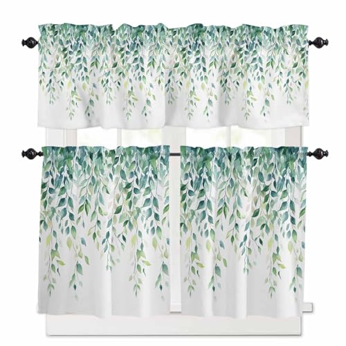 Eucalyptus Leaves Kitchen Curtains 36 Inch Length, 3 Piece Rod Pocket Small Half Tiers and Valance Set, Seasonal Botanical Branches Vines Small Large Window Treatment Decor for Bedroom/Bathroom Sink