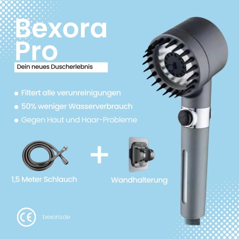 Bexora Pro Filtersystem Handbrause Duschkopf mit Schlauch, Filter, 3 Strahlarten, Wassersparend & Stoppfunktion, Reinigt Wasser
