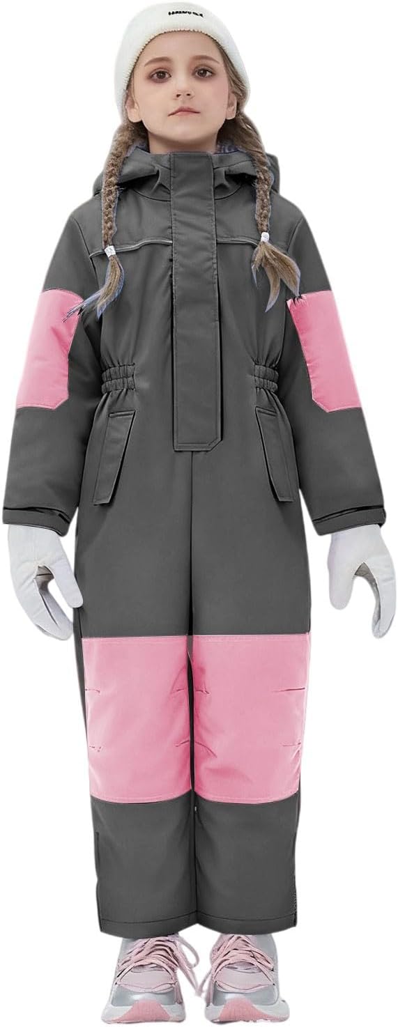 Kids Winter Snowsuit Girls Waterproof Warm Fleece-Lined One Piece Ski Suit Cozy Outdoor Snowboarding Hooded Jumpsuit