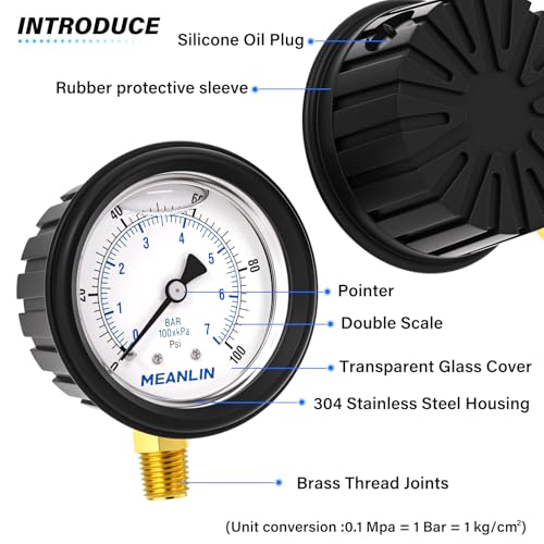 Image of MEANLIN MEASURE 0~100Psi Stainless Steel 1 /4 inch NPT 2.5 inch FACE DIAL Liquid Filled Pressure Gauge, Lower Mount (with Rubber Protective Sleeve), with 1 /2 inch NPT and 3 /8 inch NPT Hex Bushing