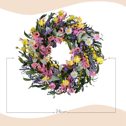 Bibelot Spring Wreaths for Front Door, 22 Inch Artificial Floral Wreath for Decoration with Daisy Lavender, Wildflower Wreaths for Indoor Outdoor Home Windows Wall Farmhouse Wedding Decor - Thumbnail 3