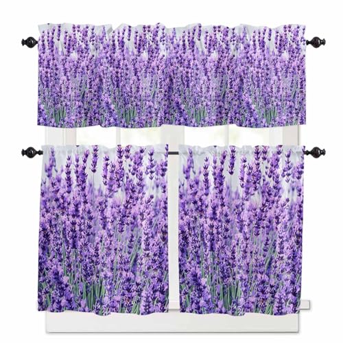 Lavender Botanical Art Kitchen Curtains 24 Inch Length, 3 Piece Rod Pocket Small Half Tiers and Valance Set, Verdant Flower Purple Small Large Window Treatment Decor for Bedroom/Bathroom Sink