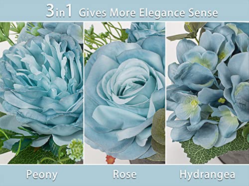 Hollyone Artificial Flowers Potted Plants Blue Fake Flower In Rustic Metal Pots Faux Plants In Pot Hydrangea Rose & Peony 3-In-1 For Home Kitchen Bathroom Table Desk Centerpiece Wedding Decor #TOP1