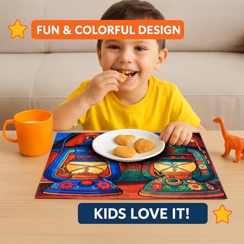 Image of Dining Table Mats Set of 2 - Lamp Diwali Theme,Digital Print, Washable, Indoor /Outdoor, Heat-Proof, Water Resistant, Wipe & Clean (47X33 cm) Green & Blue