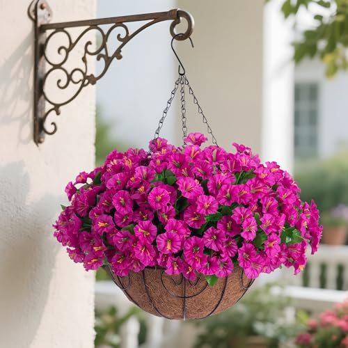 Ammyoo Artificial Hanging Flower Plants with Basket for Outdoor Decoration, Faux Petunias Flowers Fake Morning Glory Planter for Outside Patio Garden Porch Balcony Yard Decor(Fuchsia)