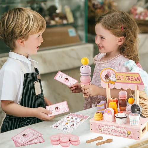 HERSITY Eiscreme Set Kinder Holz EIS am Stiel Spielzeug zum Stapeln, Kinderküche Zubehör Eisladen Eisdiele, Spielküche Rollenspiele für Kind Mädchen Jungen 3 4 5 Jahren, Rosa