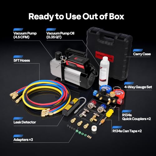 Image of VIVOHOME 1 /3 HP 4.5CFM 1 Stage HVAC Vacuum Pump and 4 Way AC Manifold Gauge | 110V AC Vacuum Pump Kit, Leak Detector, 5ft Hoses, for R134a R410a R12 R22 R502 Air Conditioning Refrigeration Recharging