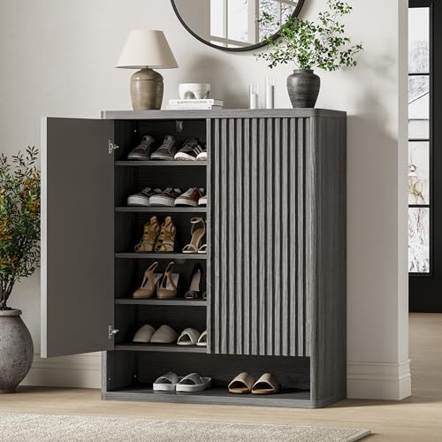 Garvee 31.5 Inch Shoe Cabinet, Large Shoe Storage Cabinet with Adjustable Shelves, Wooden Shoe Organizer with Fluted Door Holds 25–30 Pairs for Entryway & Living Room,Grey Retro Grey 31.5 In