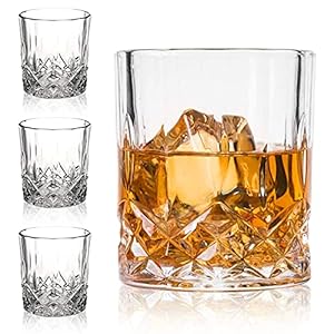 DeeCoo Crystal Old Fashioned Whiskey Glasses (Set of 4), 11 Oz Unique Bourbon Glass, Ultra-Clarity Double Old Fashioned Liquor Vodka Bourbon Cocktail Scotch Tumbler Bar Glasses Set