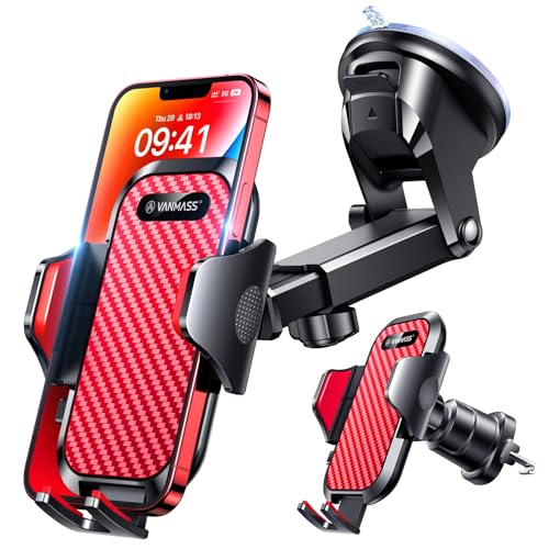 VANMASS BEST Car Phone Holder [Upgraded Suction & Clip] Rotatable Universal Mobile Phone Mount Dashboard Windscreen Vent Cradle Van Automobile Accessories for iPhone 15 Pro Max 14 13 12 8,Red option
