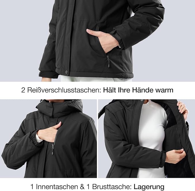 OutPro Skijacke Damen mit Wasserdichte Regenjacke Winddicht Warm Winterjacke Hooded Abnehmbarer, mit Reißverschlusstaschen Snowboardjacke Geeignet für Outdoor-Aktivitäten, Skifahren