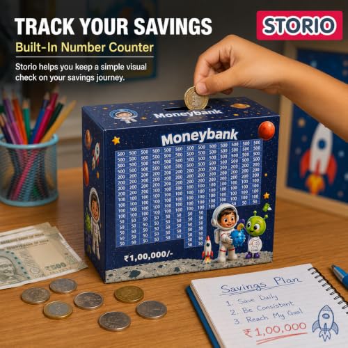 Image of Storio Astronaut Space Rs 100000 Savings Wooden Piggy Bank with Counter for Kids & Adults, Money Saving Box, Wooden Coin Bank with Number Counter, Cash Savings Bank, Coin Collection Box