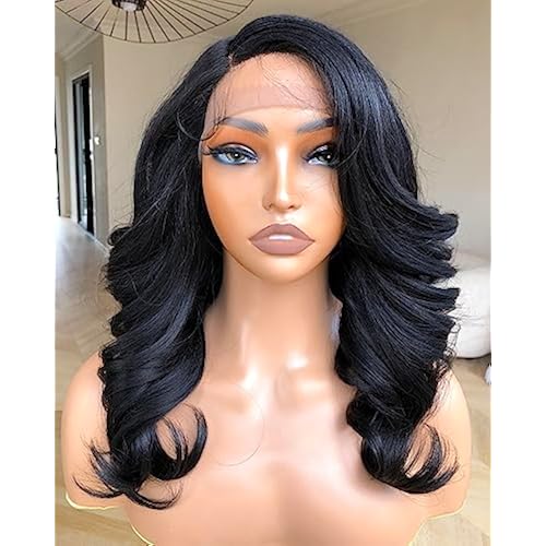 14inch HD Lace Body Wave Lace Front Wig Glueless Wigs Human Hair Pre Plucked Pre Cut, Synthetic Lace Front Wig Blowout Wigs With Side Part Feathered Bangs For Black Women,1B Natural Black