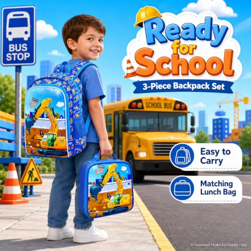 Image of 3Pcs Kids Backpack for Boys, 16 inch Excavator Bookbag Set for Elementary Preschool Kindergarten, School Backpacks with Lunch Box(Blue)