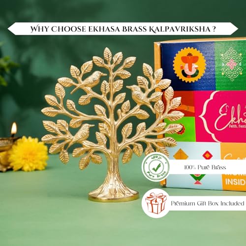 Image of Ekhasa 100% Pure Brass Kalpavriksha Tree of Life Showpiece with Gift Box | Vastu Decor Home Living Room Pooja Space Office Desk | Feng Shui Good Luck Religious Housewarming Griha Pravesh Gift