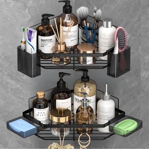 ADOV Étagère de douche d'angle autocollante avec porte-savon, étagère de douche en acier inoxydable, étagères de salle de bain sans perçage, étagère de rangement pour salle de bain avec crochets pour
