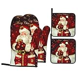 Merry Christmas Santa Claus Oven Mitts and Pot Holders Sets High Heat Resistant Non-Slip Oven Gloves