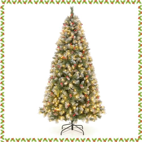 RELAX4LIFE Weihnachtsbaum Künstlich 200 cm mit Beleuchtung, 8 Transformationsmodi, Christbaum mit 69 Tannenzapfen & 207 roten Beeren, Tannenbaum mit 909 Spitzen, Schnellaufbau Klappsystem