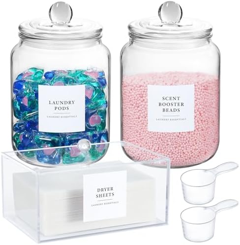 Glass Jars and Dryer Sheet Holder, Dispenser Set with Lids and La...