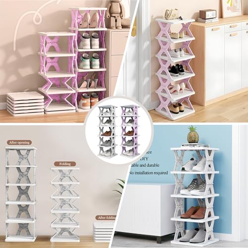 Image of 6 Tier Collapsible Shoe Rack for Kids, kids shoe rack toddler shoe organizer Vertical Foldable Shoe Organizer for Front Door Entrance (GREY)