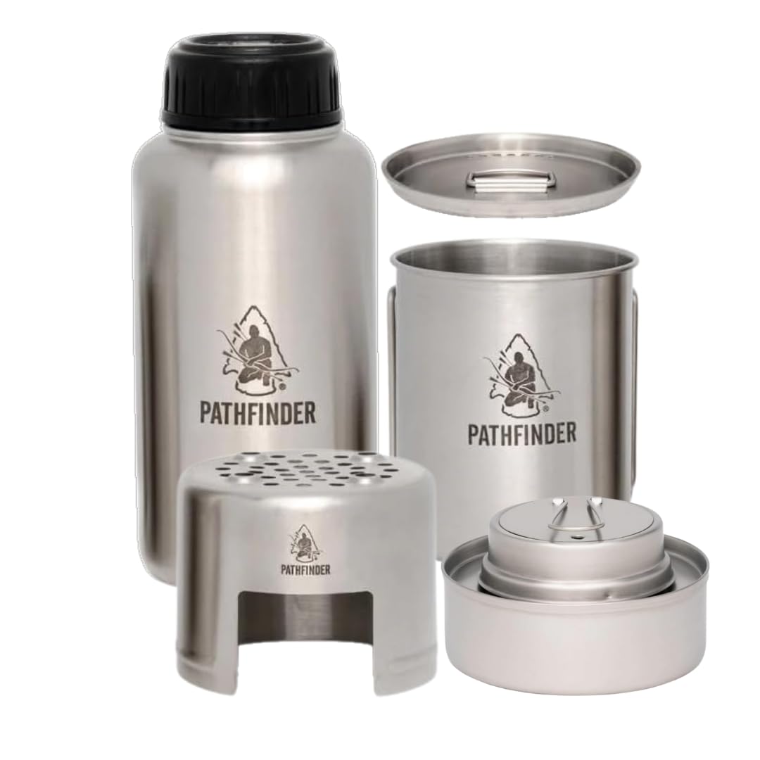 Stainless Steel Camp Cooking Set – 32oz Water Bottle, Cup with Bat Wing Handles, & Stove Set + Alcohol Camp Stove for Bushcraft & Survival