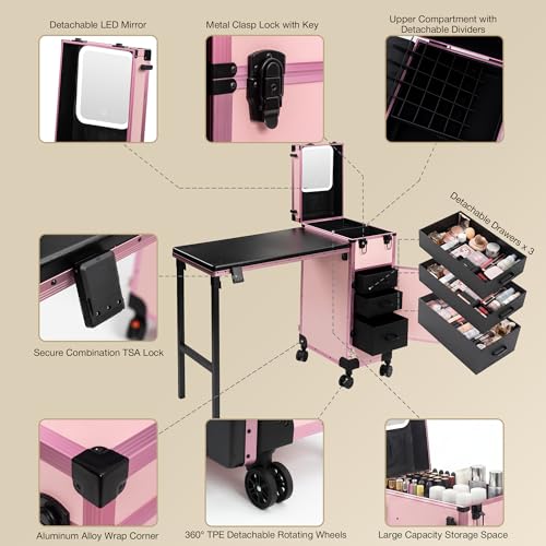 Image of Portable Manicure Table with 3 Drawers, Rolling Foldable Nail Desk with Detachable Mirror, Professional Makeup Train Case with Wheels and TSA Lock for Nail Techs & Salon Use