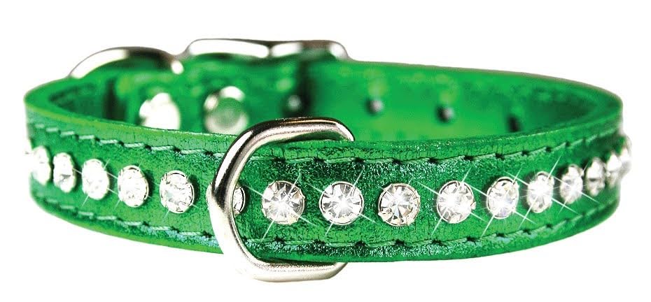 Image of Signature Leather Crystal Dog Collar, Metallic Emerald Green Solid Grain Leather, Fits 7.5 inch-9.5 inch Neck Size, 12 inch Overall Length