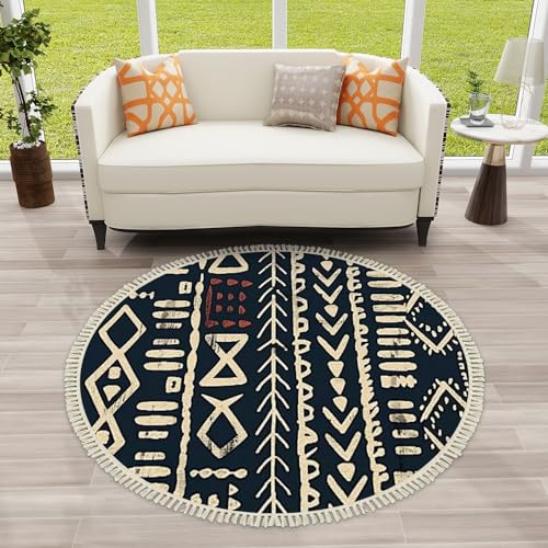 Jwhfzmanpyk Round Boho Area Rug African Print Fabric Seamless Tribal Pattern Traditional Ethnic Tassels Linen Rug Woven Carpet Minimalist Home Decor For Living Room Bathroom Bedroom Patio Outdoor 4Ft thumb #2