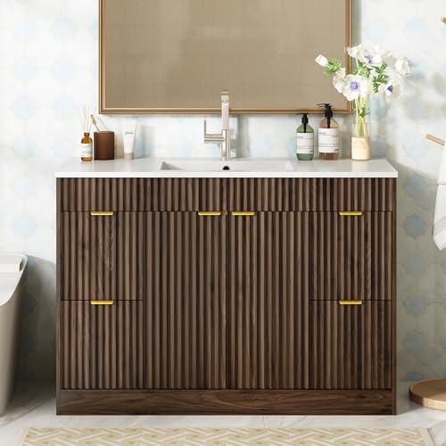 CARPETNAL 48 Inch Bathroom Vanity with Sink, Modern Fluted Bathroom Vanity with Sink with Storage Cabinet, Adjustable Shelf and 2 Soft Closing Doors & 4 Drawers, Walnut - 2