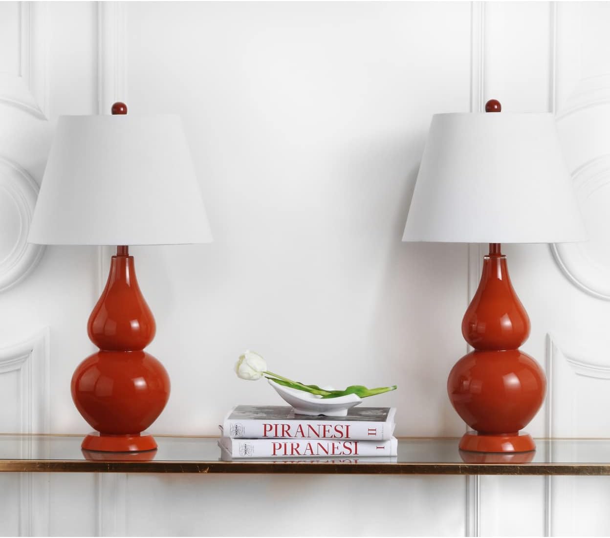 SAFAVIEH Lighting Collection Cybil Modern Contemporary Blood Orange Double Gourd Glass 27-inch Bedroom Living Room Home Office Desk Nightstand Table Lamp Set of 2 (LED Bulbs Included)