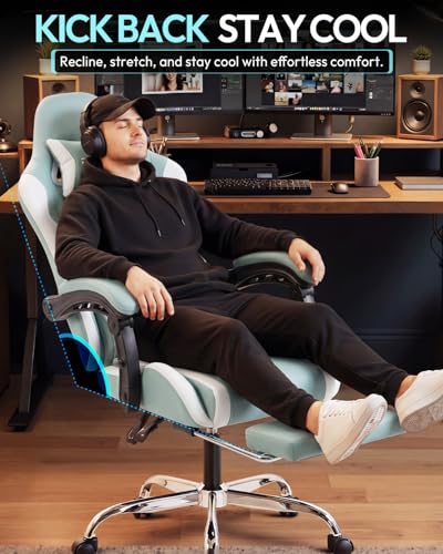 Image of Dowinx Ergonomic Gaming Chair with Footrest & Massage Lumbar, 2D-Linkage Armrests for Computer Chair 330lbs with Headrest Pillow for Office, Home, Streaming and Long Gaming Sessions, Fabric Blue White