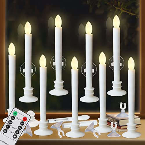 Image of 10 Pack Flameless Taper Candles with Remote /Timer & Suction Cup, Battery Operated Flickering LED Window Candles, Vintage Christmas Electric Fake Candlesticks, White Holder