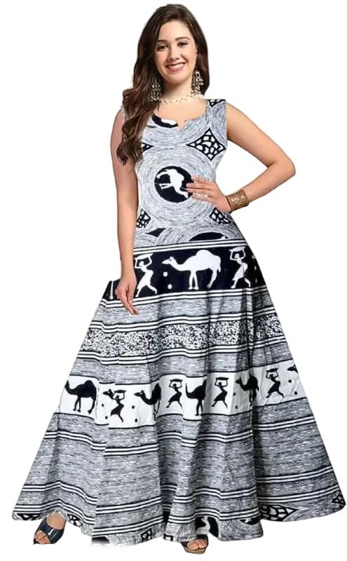 Women's Sleeveless Round Neck Motif Printed Cotton White Maxi Dress with Flared Hem-picture-39