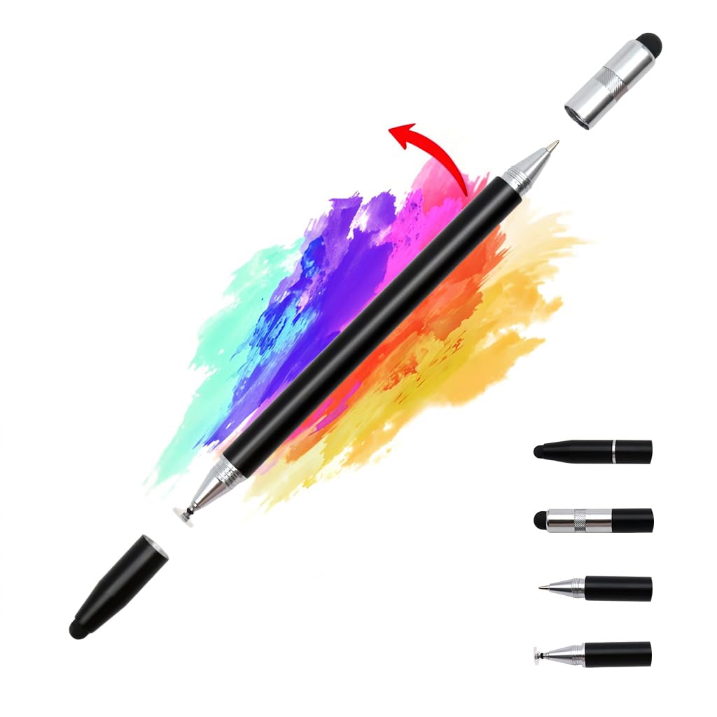ZORBES® 4-in-1 Universal Capacitive Stylus Pen for Touch Screens Lightweight Aluminum Body with 4 Interchangeable Tips 2 Rubber Tip Sizes Disc Tip Fine Point Compatible for iOS Android Windows Devices