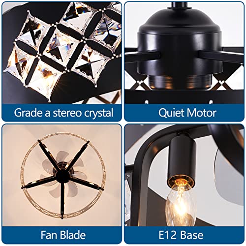 Dalouguan Caged Ceiling Fan With Light, 20" Black Crystal Enclosed Ceiling Fan With Lights And Remote, Industrial Bladeless Ceiling Fan For Living Room Bedroom Kitchen #TOP5
