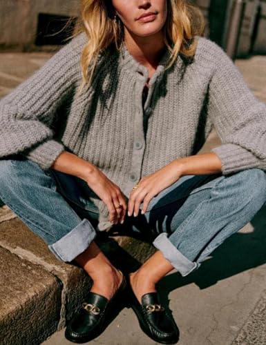 Image of Women's Casual Puff Long Sleeve Crew Neck Cardigan Button Down Open Front Knit Loose Sweater Outwear