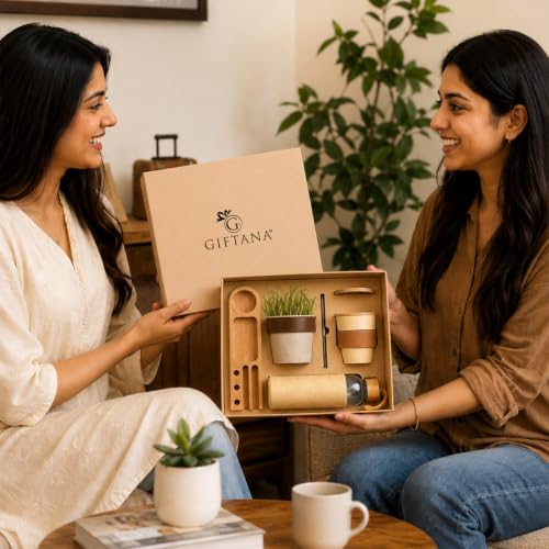 Image of Giftana 6 in 1 Eco Friendly Desk Gift Set with Bottle 500ml, Coffee Cup 350ml, Planter, Pen & Wooden Desk Organizer, Corporate Gift Set for Employees, Office, Men & Women, Birthday & Housewarming Gift