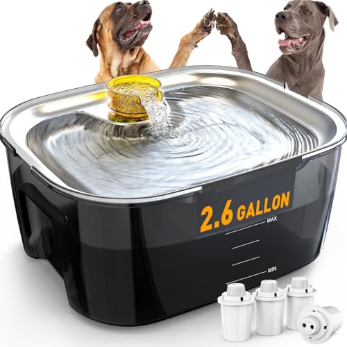 SwSun Fontaine à Eau pour Chiens de Grande Taille 9 litres, Fontaine à Eau de 10 L avec Bol d'eau en Acier Inoxydable, Distributeur Automatique de gamelle d'eau pour Chien