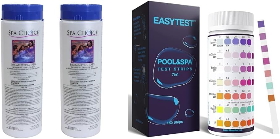 SpaChoice Bromine Tablets 2-Pack and EASYTEST 7-Way 150 Pool Test Strips for Hot Tub and Spa Water Chemical Testing Kit