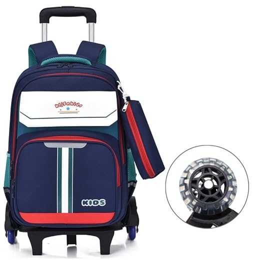 Luckywin Mochilas Rodinhas Infantis, tecido repelente de água, bolsa de zíper com várias camadas, mochila escolar de grande capacidade (Azul e Verde)