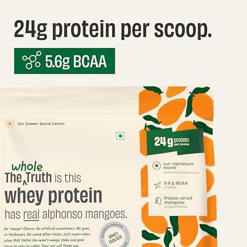 Image of The Whole Truth Whey Protein Isolate+Concentrate | Mango Milkshake 500g (1.1 lbs) I 24g Protein per scoop I 5.6g BCAA | 100% Authentic Whey | Made with Real Alphonso Mangoes | No Artificial Flavours