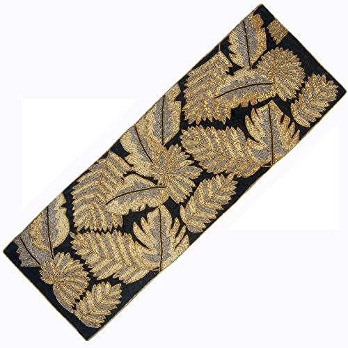 Dinning Table Runner, Embroidery Floral Handmade Beaded Runner, Table Runner 13X36- Black Gold #TOP5