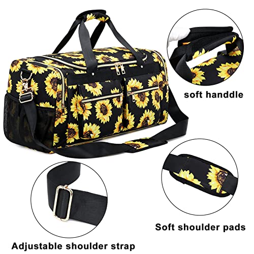 Weekender Overnight Duffel Bag Shoe Pocket for Women Men Weekend Travel Tote Carry On Bag (Sunflower Black)