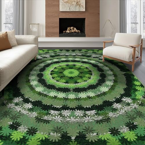 ODIKA 6'x9' Washable Modern Geometric Area Rug, Green Non-Shedding Pet Friendly Room Rug for Queen Size Bedroom, Under Bed, Master Suite, Foldable Easy Care Carpet | Ref:2025491